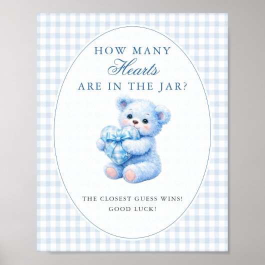 Blue Gingham Bow Heart Teddy Bear Baby Shower Poster (Voorkant)