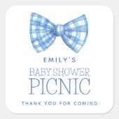 Blue Gingham Bow Stropdas Naam Baby shower Dank u Vierkante Sticker (Voorkant)