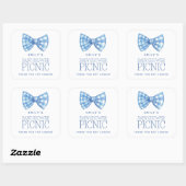 Blue Gingham Bow Stropdas Naam Baby shower Dank u Vierkante Sticker (Vel)