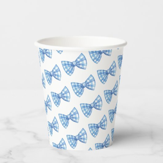 Blue Gingham Bow Stropdas Pattern Baby shower Papieren Bekers (Voorkant)