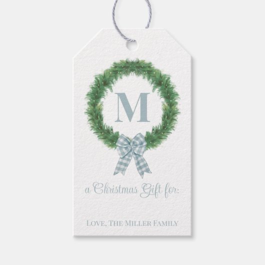 Blue Gingham Bow Wreath Gift Label Cadeaulabel (Voorkant)