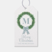 Blue Gingham Bow Wreath Gift Label Cadeaulabel (Voorkant)