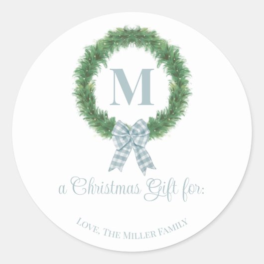 Blue Gingham Bow Wreath Sticker Gift Label (Voorkant)