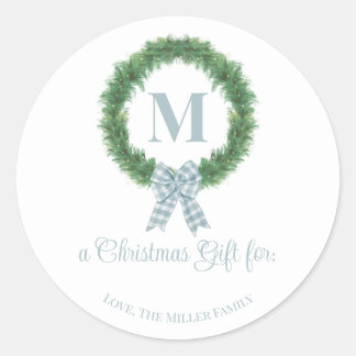Blue Gingham Bow Wreath Sticker Gift Label