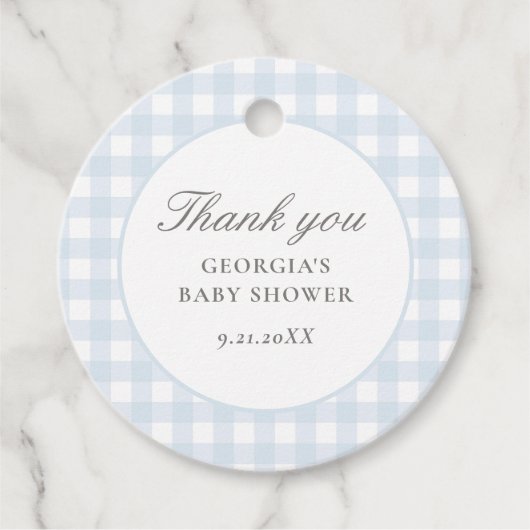 Blue Gingham Boy Baby shower Bedankjes Labels (Voorkant)