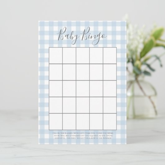 Blue Gingham Boy Baby shower Bingo Kaarten (Staand voorkant)
