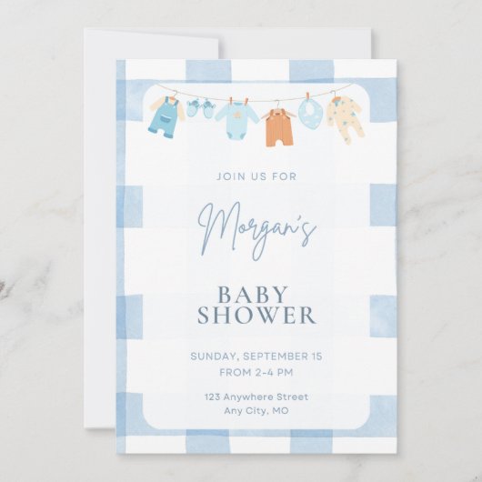 Blue Gingham Boy Baby Shower Invitation (Devant)