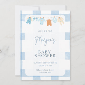 Blue Gingham Boy Baby Shower Invitation Kaart