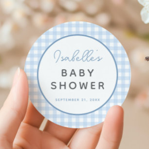 Blue Gingham Boy Baby shower Ronde Sticker