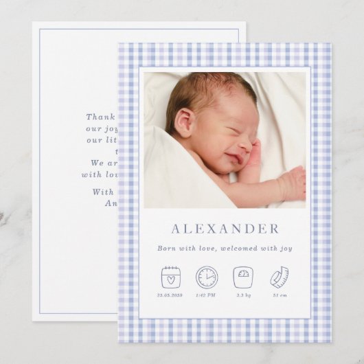 Blue Gingham Boy Geboorteaankondiging Fotokaart Kaart (Voorkant / Achterkant)