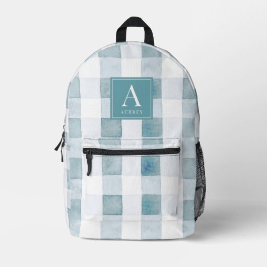 Blue Gingham/Buffalo Plaid Waterverf Monogram Bedrukte Rugzak (Voorkant)