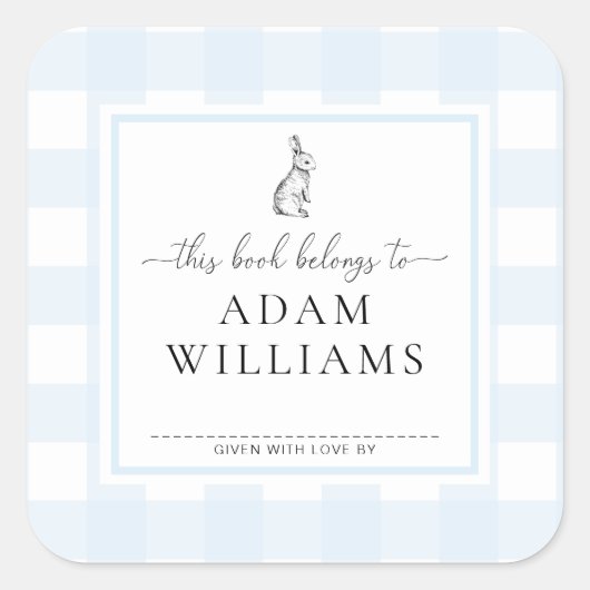 Blue Gingham Bunny Bookplate Sticker (Voorkant)