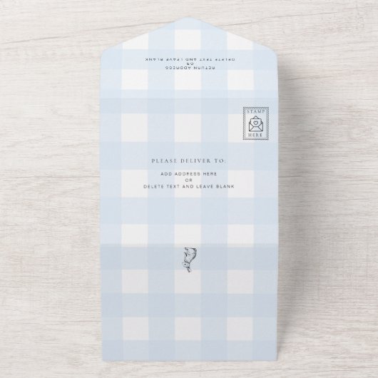 Blue Gingham Bunny Rabbit Baby shower All In One Uitnodiging (Buitenkant)