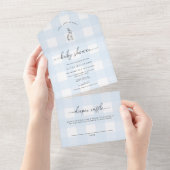 Blue Gingham Bunny Rabbit Baby shower All In One Uitnodiging (Afscheurbaar)