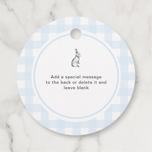 Blue Gingham Bunny Rabbit Baby shower Bedankjes Labels (Achterkant)