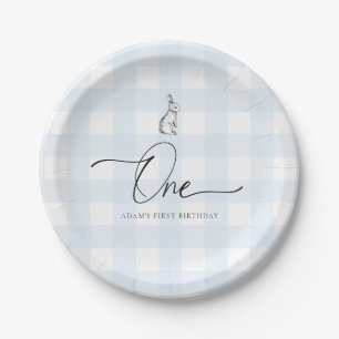 Blue Gingham Bunny Rabbit First Birthday Papieren Bordje