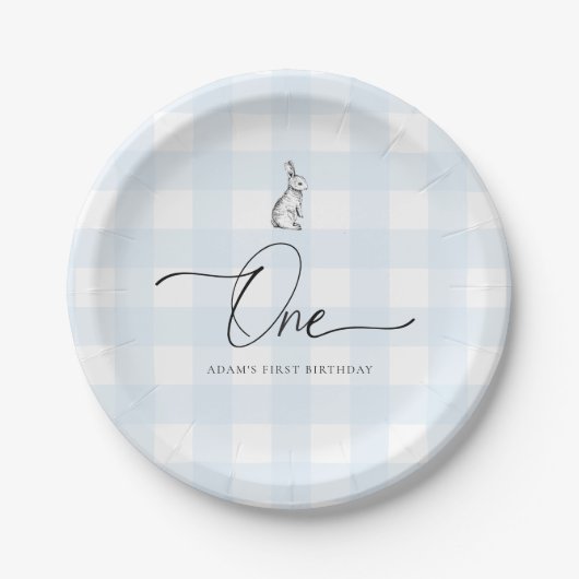 Blue Gingham Bunny Rabbit First Birthday Papieren Bordje (Voorkant)