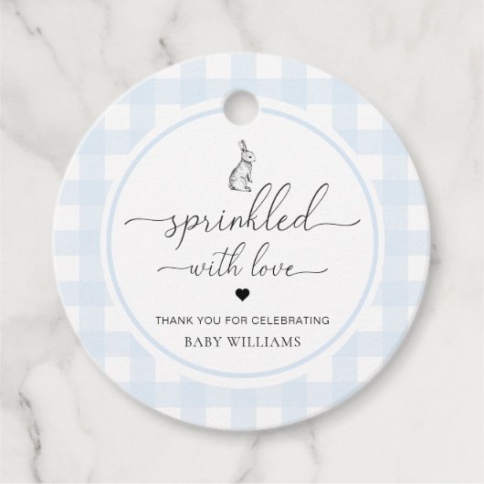 Blue Gingham Bunny Rabbit, geprint met liefde Bedankjes Labels (Voorkant)