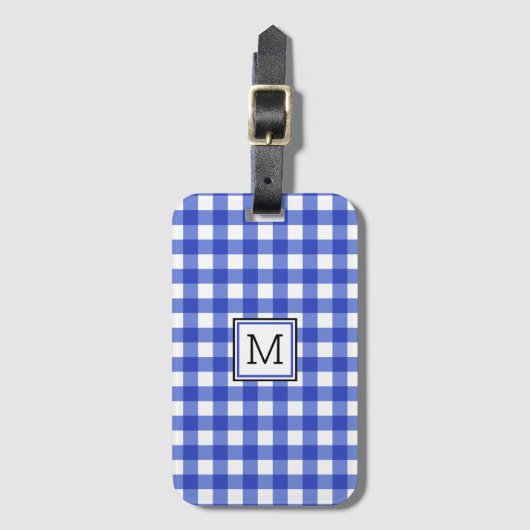 Blue Gingham Check Monogram Bagagelabel (Voorkant (verticaal))