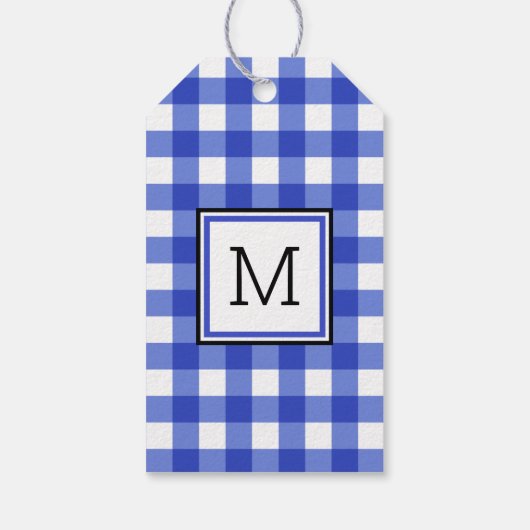 Blue Gingham Check Monogram Cadeaulabel (Achterkant)