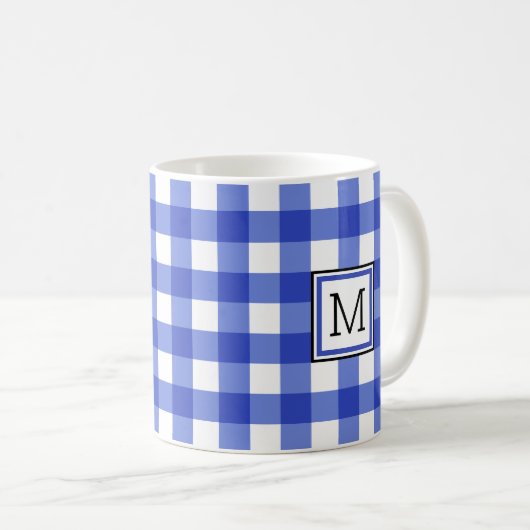 Blue Gingham Check Monogram Koffiemok (Voorkant rechts)