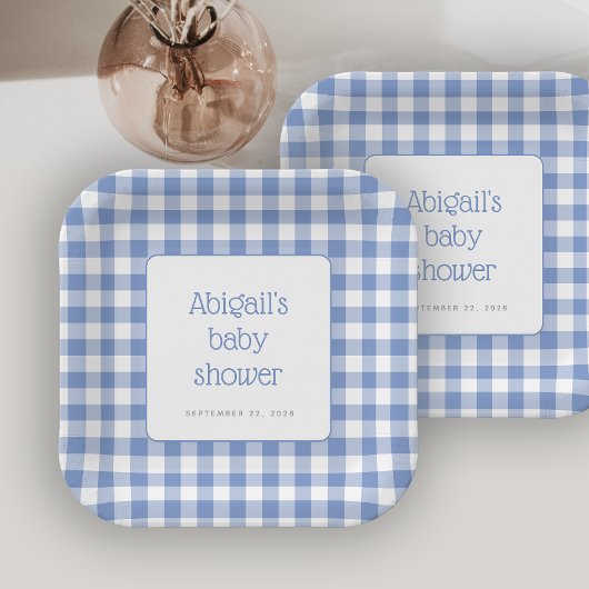 Blue Gingham Check Rustic Boys Baby shower Papieren Bordje