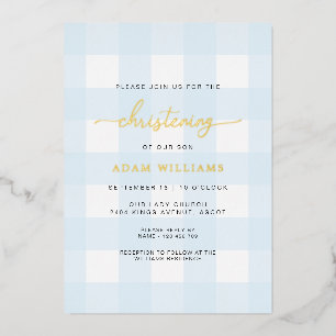 Blue Gingham Christening Gold Foil Uitnodiging
