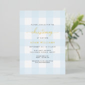 Blue Gingham Christening Gold Foil Uitnodiging (Staand Voorkant)