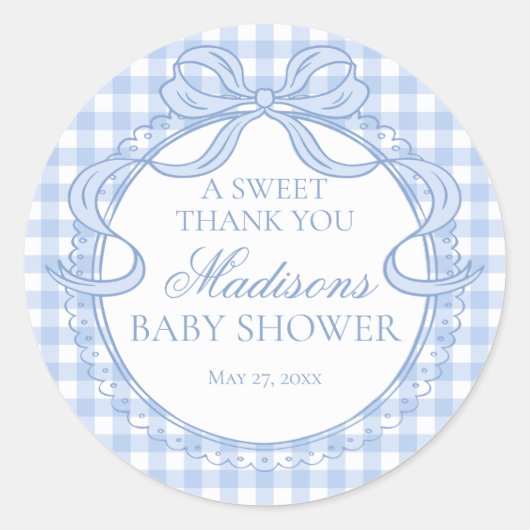 Blue Gingham Coquette Bow Baby Shower Favor Ronde Sticker (Voorkant)