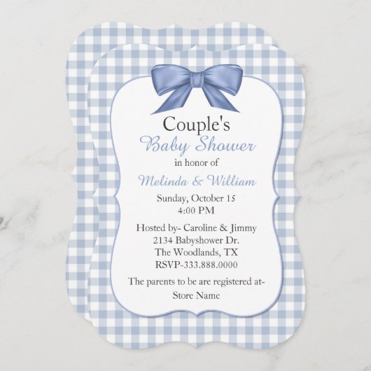 Blue Gingham Couple's Baby shower Invitation Kaart (Voorkant / Achterkant)