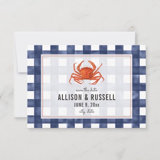 Blue Gingham Crab Rustic Wedding Save the Date (Voorkant)