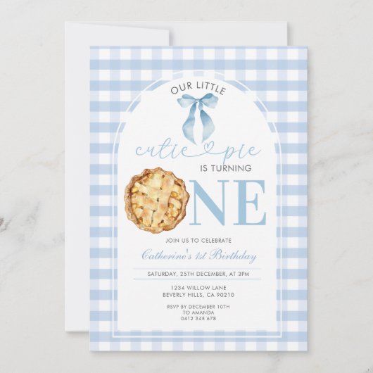 Blue Gingham Cutie Pie First Birthday Invitation (Devant)