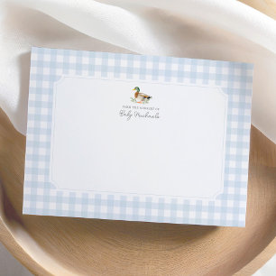 Blue Gingham Duck Baby shower bedankkaart