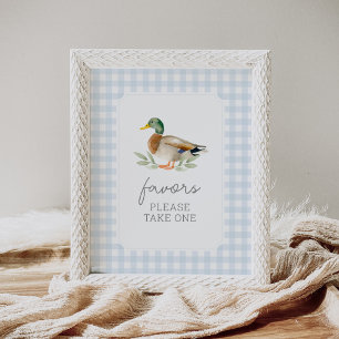Blue Gingham Duck Baby shower Favors Sign Poster