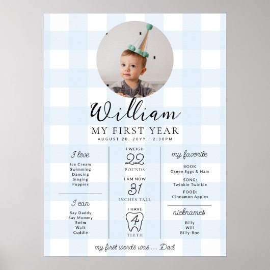 Blue Gingham eerste verjaardag mijlpaal tijdlijn Poster (Voorkant)
