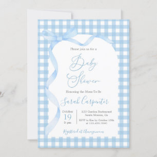 Blue Gingham en Bow Baby shower Boy Invitation Kaart