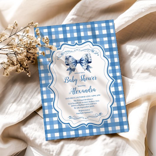 Blue Gingham en Bow Kaart