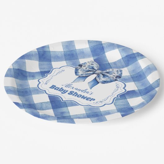 Blue Gingham en Bow Papieren Bordje (Gekanteld)