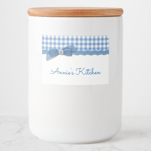 Blue Gingham en Bow Voedselcontainer Etiket (Voorkant)
