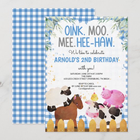Blue Gingham Farm Animals Boy Birthday Barnyard Kaart (Voorkant / Achterkant)