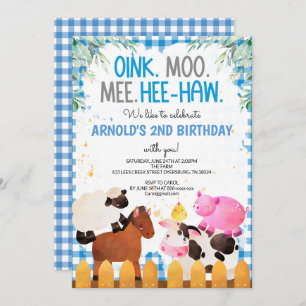 Blue Gingham Farm Animals Boy Birthday Barnyard Kaart