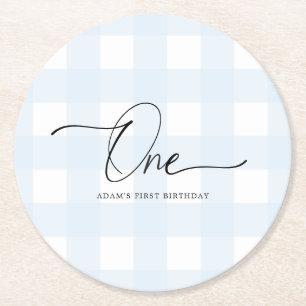 Blue Gingham First Birthday Drink Onderzetter