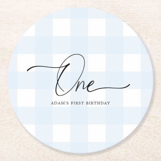 Blue Gingham First Birthday Drink Onderzetter (Voorkant)