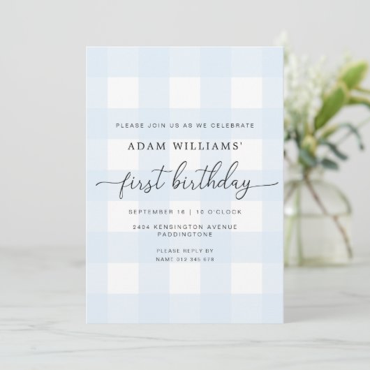 Blue Gingham First Birthday Invitation Kaart (Staand voorkant)