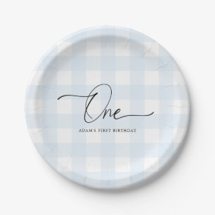 Blue Gingham First Birthday Paper Borden Papieren Bordje