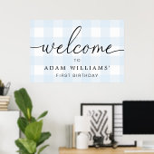 Blue Gingham First Birthday Welcome Sign Poster (Thuiskantoor)