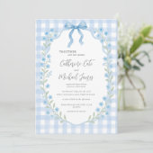 Blue Gingham Floral Budget Wedding Kaart (Staand voorkant)
