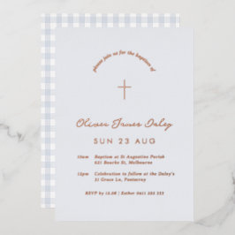 Blue Gingham Folie Baptism Christening Uitnodiging