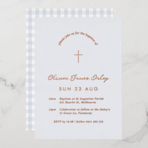 Blue Gingham Folie Baptism Christening Uitnodiging