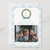 Blue Gingham Foto Kerst Kaarten Monogram Krans (Voorkant)